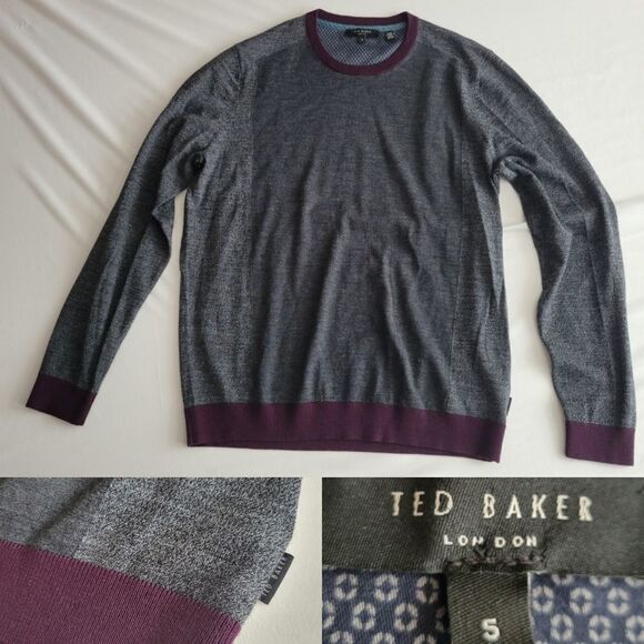 TED BAKER merino wool lightweight gray purple mens crew neck sweater 5 42 XL - Picture 1 of 14